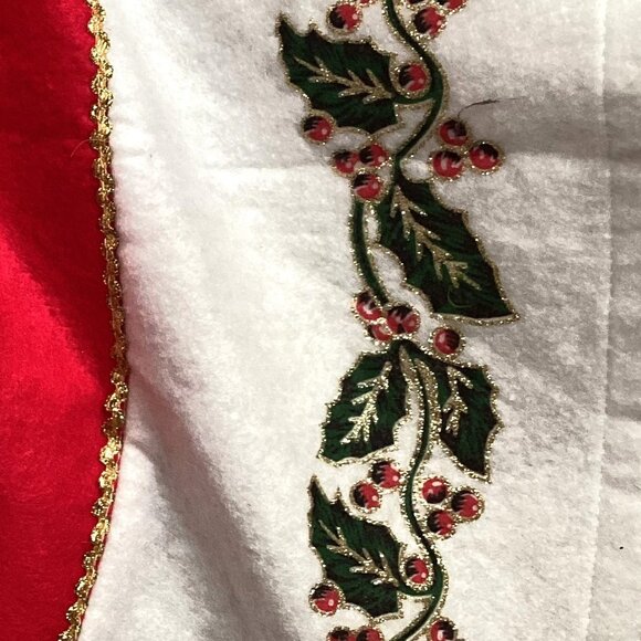 Christmas Tree Skirt White Red Tree Base Cover Holly Leaves - Picture 4 of 5